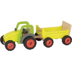 Goki tractor met aanhangwagen 45 x 16 cm hout geel 2-delig